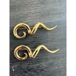 Vintage Gold Tone Sculptural Swirl Brooch Pin Set Modernist 80s Large